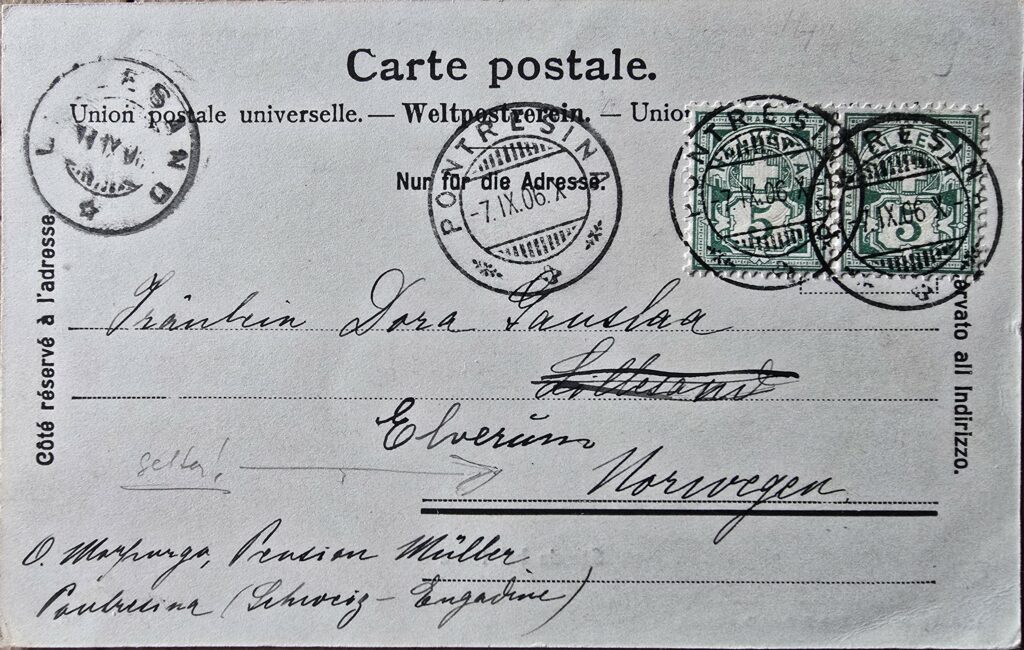 La part dall'adressa dalla carta postala da Strada bei Ilanz: Ella ei ida a Lillesund en Norvegia. Da leu han ins tarmess vinavon ella ad Elverum, in vitg ella vischinonza.