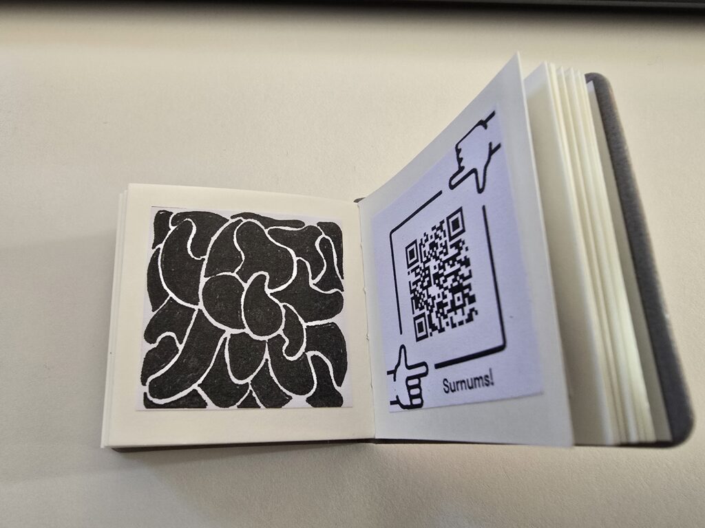 Mintga pagina dubla cuntegn ina illustraziun cun musters che l'autura ha fatg cun tuscha.