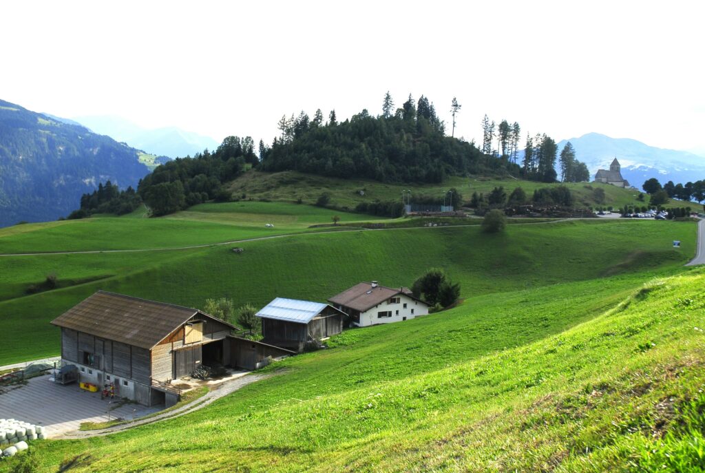 La Mutta da Falera culs praus (seniester), eE quei areal ei il cumplex planisaus.