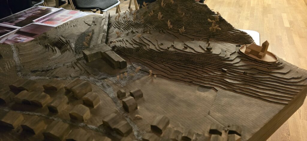 Model dil cumplex (seniester sura) La Mutta. Dretg la baselgia s. Rumetg, sen. da quella il plaun da Planezzas.