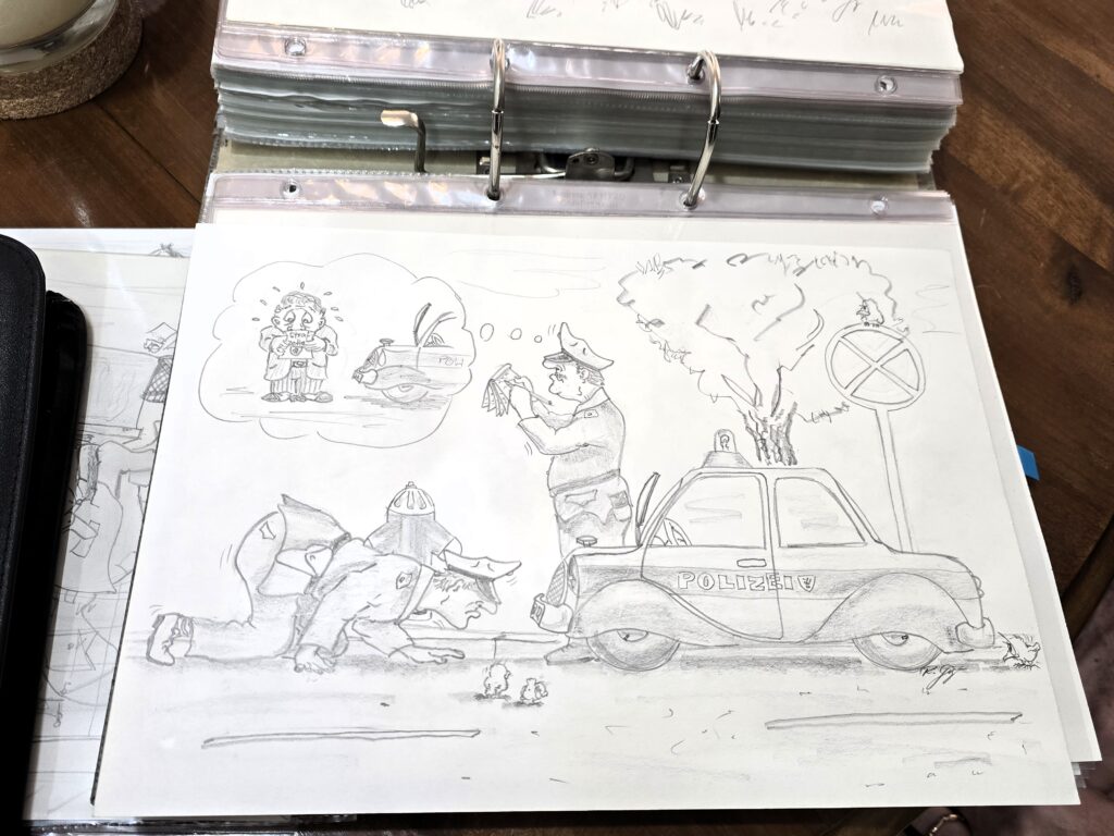 Ina da las illustraziuns che Rolf Giger conserva en ses archiv persunal. Igl è ina ch'el ha fatg cun 13 onns per la Polizia chantunala grischuna.